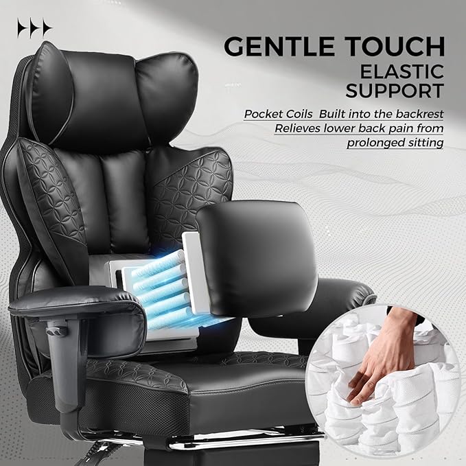 COMHOMA Big and Tall Office Chair Heavy Duty Wide Ergonomic Gaming Chair with Deluxe Embossing Designed Leather with Foot Rest,150°Reclining Adjustable Armrests Pocket Spring Back Support and Pillow