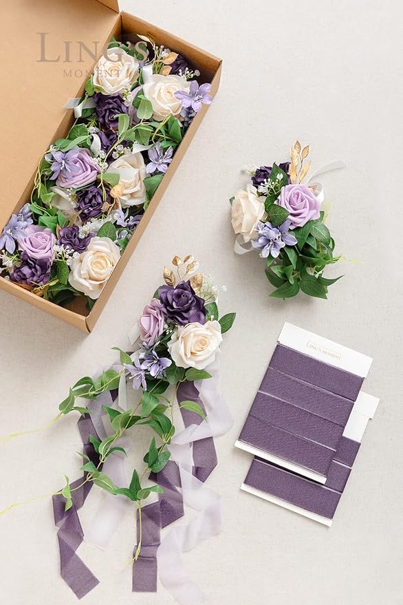 Ling's moment 8pcs Wedding Artificial Aisle Pew Flowers Chair Decorations Arrangements with Chiffon Ribbons Lilac Purple Gold for Ceremony Chair Back Floral Decor Reception Church Party Outdoor