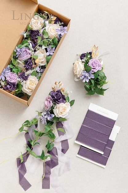 Ling's moment 8pcs Wedding Artificial Aisle Pew Flowers Chair Decorations Arrangements with Chiffon Ribbons Lilac Purple Gold for Ceremony Chair Back Floral Decor Reception Church Party Outdoor