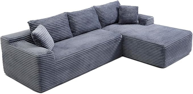 95" L Shaped Boneless Sectional Couches, Wide Armrest, Deep Seat, Memory Foam, Assembly Free, Modern Comfy Corduroy Fluffy Cloud Sofa with Right Chaise for Living Room, Small Spaces, Grey