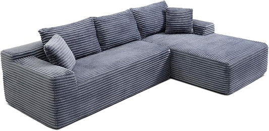 95" L Shaped Boneless Sectional Couches, Wide Armrest, Deep Seat, Memory Foam, Assembly Free, Modern Comfy Corduroy Fluffy Cloud Sofa with Right Chaise for Living Room, Small Spaces, Grey
