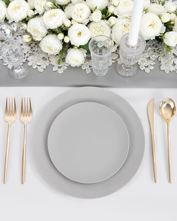 WONDERFUL 32pcs Light Grey Plastic Plates Reusable Unbreakable & Dishwasher safe Dishes Set Outdoor Plates Includes:16 Dinner 10" and 16 Dessert Plate 7.3" Ideal for BBQ Camping Christmas New Year