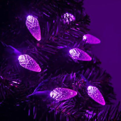 Wintergreen Lighting 70 Count C6 LED Purple Halloween Lights, 24 ft Green Wire Indoor/Outdoor Commercial Grade String, Holiday and Halloween Decorations
