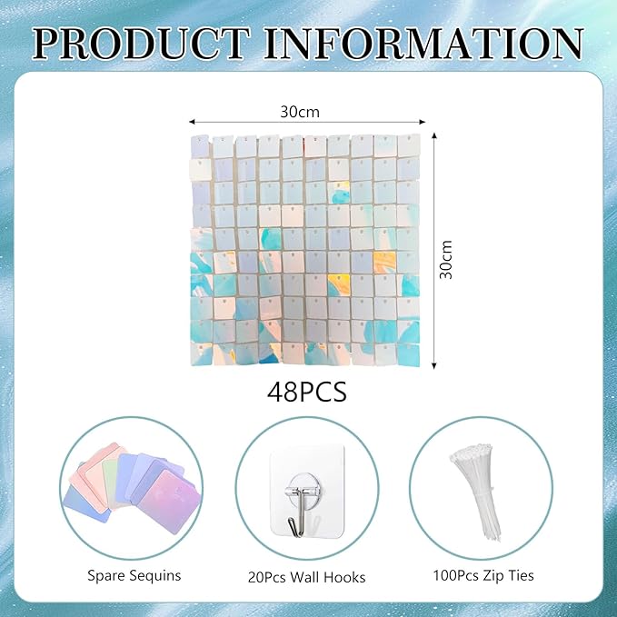 48 PCS Colorful Blue Shimmer Wall Backdrop, Square Sequin Photo Backdrops Panel, Glitter Wall Background for Birthdays, Weddings, Halloween, Engagements, Disco Bachelorette Party Decoration (6FTx8FT)