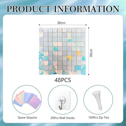 48 PCS Colorful Blue Shimmer Wall Backdrop, Square Sequin Photo Backdrops Panel, Glitter Wall Background for Birthdays, Weddings, Halloween, Engagements, Disco Bachelorette Party Decoration (6FTx8FT)