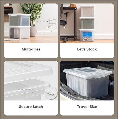 IRIS USA 8 Pack Plastic File Box with Lid for Letter/Legal Files, 35 Quart Stackable Clear Organizer Bin, Built-in File Ledge, Durable & Portable