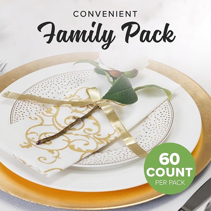 SimuLinen Gold & White Dinner Napkins - Disposable Linen Feel Decorative Cloth-Like Large Napkins - Elegant, Soft, Absorbent & Durable Airlaid Material (19"x17" - Box of 60)