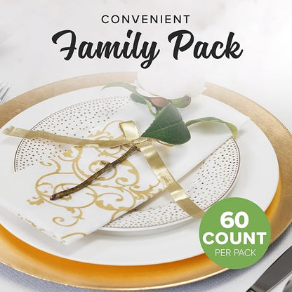 SimuLinen Gold & White Dinner Napkins - Disposable Linen Feel Decorative Cloth-Like Large Napkins - Elegant, Soft, Absorbent & Durable Airlaid Material (19"x17" - Box of 60)