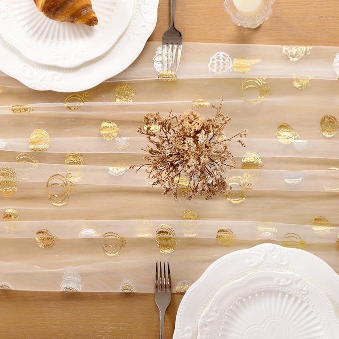 Pumpkin Gold Table Runner for Thanksgiving Sheer Gauze Cheesecloth 120 Inch with Glitter Harvest Feast Decor for Family Gatherings Dining Table Home Celebration - Beige