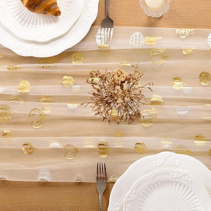Pumpkin Gold Table Runner for Thanksgiving Sheer Gauze Cheesecloth 120 Inch with Glitter Harvest Feast Decor for Family Gatherings Dining Table Home Celebration - Beige