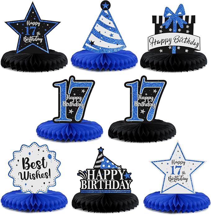 Happy 17th Birthday Decorations,17th Birthday Blue Glitter Shiny Stand Honeycomb Table Centerpieces - Cheers to Seventeen Years Old Birthday Party Photoprop Gift Sign.