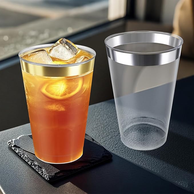 12oz Clear Plastic Cups with Gold Rimmed Sturdy & Food Safe Disposable Wine Glasses Wedding Cups Party Cups Plastic Cocktail Glasses for Wine, Juice, Cocktails and Cold Beverages [100 Pack]