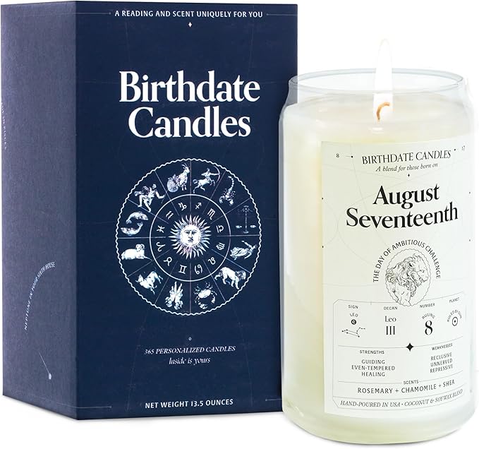 Birthdate Candles, August 17 - Leo Zodiac Scented Candles Birthday Gift - Rosemary, Chamomile & Shea Scent - All-Natural Soy & Coconut Wax, 60-80 Hour Burn Time - Made in USA
