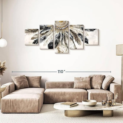 ElephantStock - Necklace Of Feathers Iii Wall Art - Horizontal Multi Panel Canvas - 5 Piece Living Room Wall Decor - Painting Multi Piece Wall Art - Brown And Gray Decor by Eva Watts - 80" x 36"