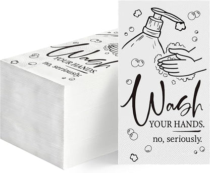 Horaldaily 100 Disposable Paper Napkin Decorative Guest Napkins, White Wash Your Hands White Bathroom Guest Napkins Hand Towel for Powder Room