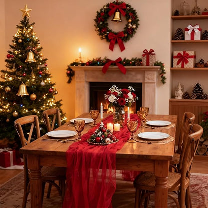 6 Pack Red Cheesecloth Table Runner Gauze Christmas Table Runner 35x120 Inch Rustic Boho Cheese Cloth Sheer Runner for Wedding Baby Shower Bridal Shower Birthday Party Holiday Decorations