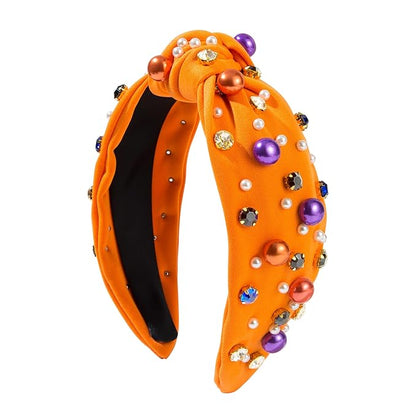 Halloween Pearl Knotted Headband for Women Girls Non Slip Rhinestone Embellished Hair Hoop Halloween Headbands Hair Accessories Gift (Orange)