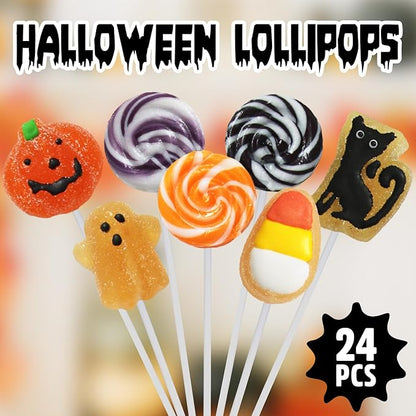 Halloween Lollipop Suckers, 24 Pieces of Bulk Suckers Individually Wrapped, Colorful Candy Lollipops for Trick or Treat Bags, Fun Halloween Shaped Candy Party Favors