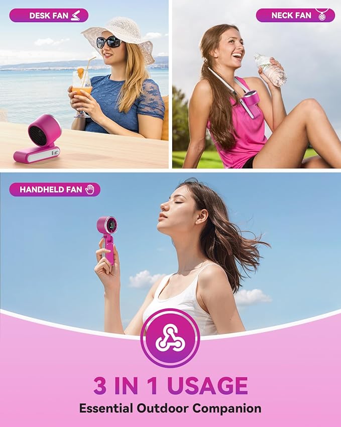 Portable Handheld Turbo Fan, 5-Speed Personal Fans, 5000mAh Rechargeable Fans Up to 12 Hours, Weight only 0.6lb Small Fan, Hand/Neck/Desk Fan 3 IN 1, Beach Vacation Essentials(Magenta)