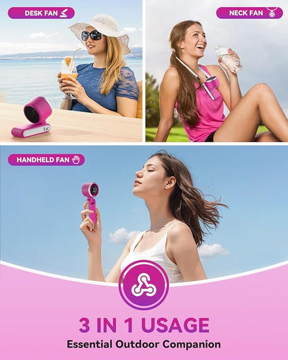 Portable Handheld Turbo Fan, 5-Speed Personal Fans, 5000mAh Rechargeable Fans Up to 12 Hours, Weight only 0.6lb Small Fan, Hand/Neck/Desk Fan 3 IN 1, Beach Vacation Essentials(Magenta)