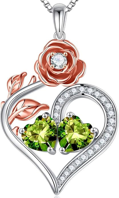 Iefil Rose Heart Birthstone Necklaces for Women - 925 Sterling Silver Double Birthstone Necklace, Anniversary Birthday Gifts for Women, Jewelry Gifts for Wife Her