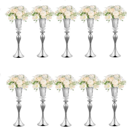 10Pcs/Set Flower Centerpiece Table Decorations Gold Trumpet Vases with Crystal Bead for Wedding Centerpieces Birthday Party Event Home Decor