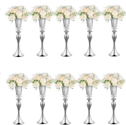 10Pcs/Set Flower Centerpiece Table Decorations Gold Trumpet Vases with Crystal Bead for Wedding Centerpieces Birthday Party Event Home Decor
