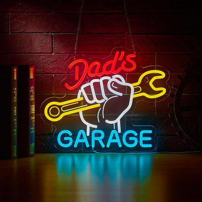 Dad's Garage Neon Sign for Wall Décor LED Car Signs for Auto Repair Shop Man Cave Workshop Decor for Fathers Gift