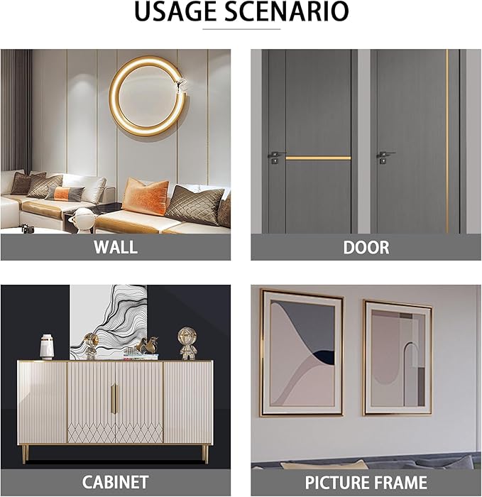 Glossy Gold Peel and Stick PVC Molding Trim, Flexible DIY Wall Accent Strip for Mirror Frame, Cabinet, Edges & Borders and Tiles (197''L x 0.8''W)