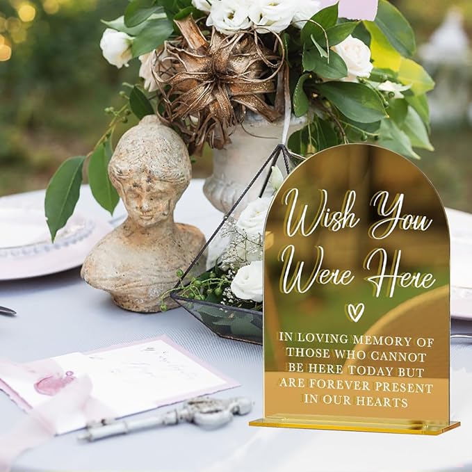 Acrylic Wedding Sign, Bridal Shower Decorations, Wish You Were Here Sign for Ceremony, Modern Font Table Signs, Gold Mirror Arched Acrylic Tabletop Signs for Wedding Reception and Event Party