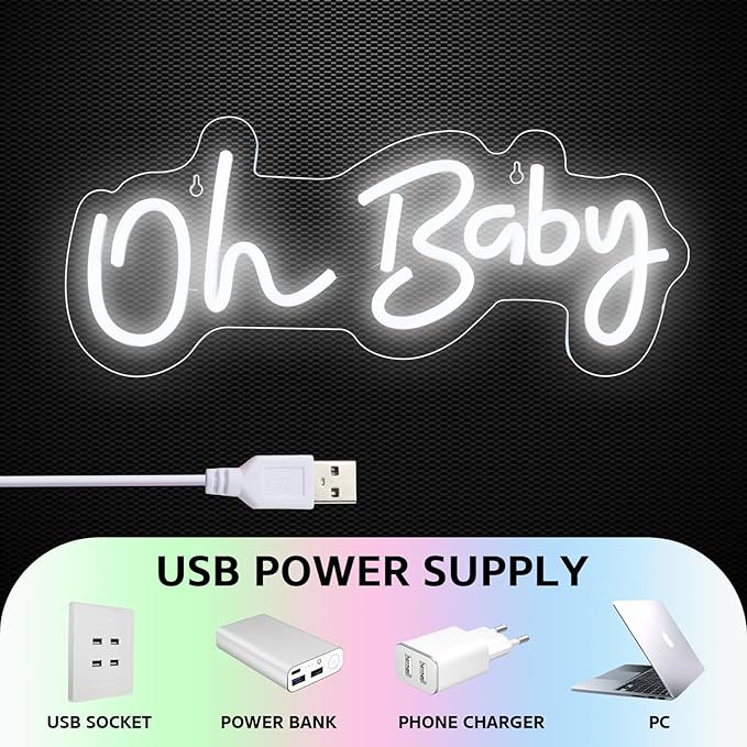 Oh Baby Neon Sign for Backdrop, 16.5”x 6.9” Dimmable Led Light up Sign for Baby Shower - Gender Reveal Birthday Party Decorations - White