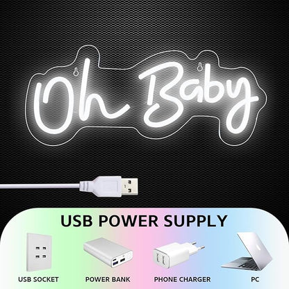 Oh Baby Neon Sign for Backdrop, 16.5”x 6.9” Dimmable Led Light up Sign for Baby Shower - Gender Reveal Birthday Party Decorations - White