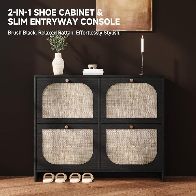 Nicetree Shoe Storage Cabinet for Entryway, Rattan Vintage Flip Shoe Rack- 4 Flip Drawers & 3-Tier Adjustable Shelves,Boho Shoe Organizer for 28-36 Pairs - Fits Size 12 Boots, 9.5" Ultra Slim