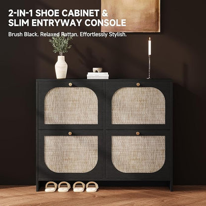 Nicetree Shoe Storage Cabinet for Entryway, Rattan Vintage Flip Shoe Rack- 4 Flip Drawers & 3-Tier Adjustable Shelves,Boho Shoe Organizer for 28-36 Pairs - Fits Size 12 Boots, 9.5" Ultra Slim
