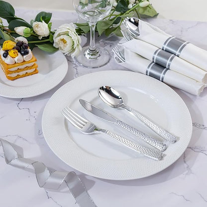 WELLIFE 50 Pack Silver Plastic Silverware with Pre Rolled Napkins,Wrapped Silverware Set Disposable,Includes:50 Forks, 50 Knives, 50 Spoons, 50 Napkins,Utensils Plastic Disposable for Christmas