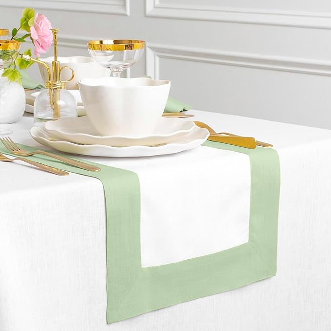 Solino Home Linen Table Runner 108 Inches Long - 100% Pure Linen Light Green and White Dining Table Runner 14 x 108 Inch - Contempo