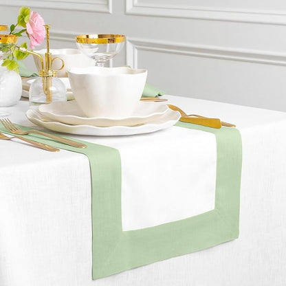 Solino Home Linen Table Runner 108 Inches Long - 100% Pure Linen Light Green and White Dining Table Runner 14 x 108 Inch - Contempo