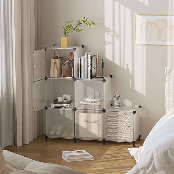 Cube Storage Organizer, 6-Cube Shelves Unit with Doors, DIY Stackable Plastic Clothes Organizer for Bedroom and Under Stairs Storage Unit, 30 x 30 x 30 cm Frosted White ATTSL6003