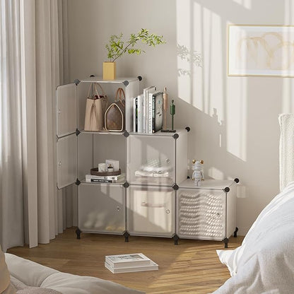Cube Storage Organizer, 6-Cube Shelves Unit with Doors, DIY Stackable Plastic Clothes Organizer for Bedroom and Under Stairs Storage Unit, 30 x 30 x 30 cm Frosted White ATTSL6003