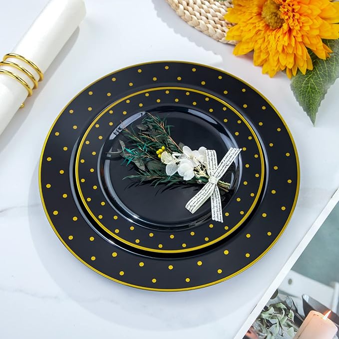 I00000 102 Pcs Clear Black Plastic Plates, Black Disposable Party Plates Include 51 Dinner Plate 10.25’’ and 51 Dessert Plate 7.5’’, Halloween Plates Perfect for Wedding, Party & Halloween