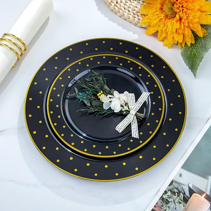 I00000 102 Pcs Clear Black Plastic Plates, Black Disposable Party Plates Include 51 Dinner Plate 10.25’’ and 51 Dessert Plate 7.5’’, Halloween Plates Perfect for Wedding, Party & Halloween