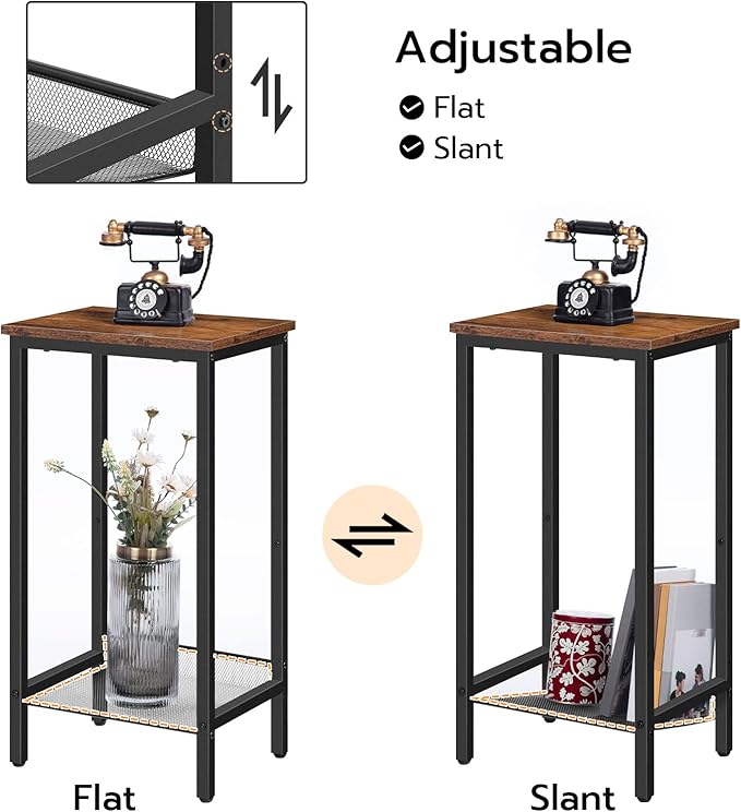 HOOBRO Tall Side Table, Industrial End Telephone Table with Adjustable Mesh Shelves, Small Tall Night Stand for Living Room, Bedroom, Entryway, Office, Rustic Brown and Black BF03DH01