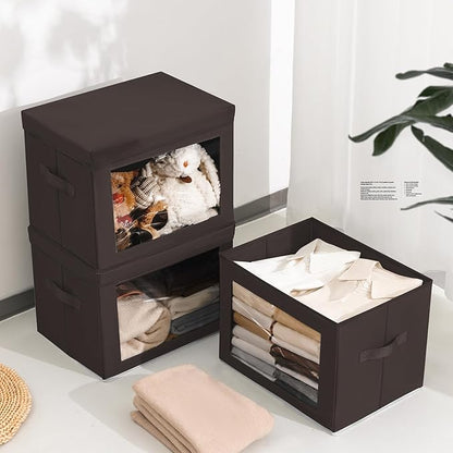 Stackable Storage Bins with Lids - Large Decorative Basket with Lids, Fabric Foldable Closet Organizer Bins, Shelf Organizer for Living Room, Dorm, 5 Pack, Brown