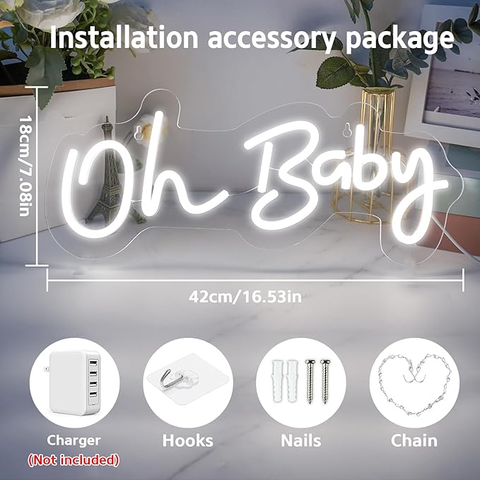 Oh Baby Neon Sign for Backdrop, 16.5”x 6.9” Dimmable Led Light up Sign for Baby Shower - Gender Reveal Birthday Party Decorations - White