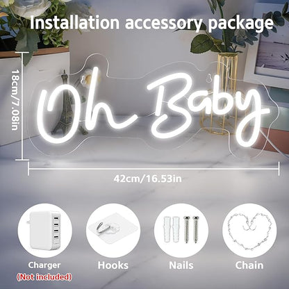 Oh Baby Neon Sign for Backdrop, 16.5”x 6.9” Dimmable Led Light up Sign for Baby Shower - Gender Reveal Birthday Party Decorations - White