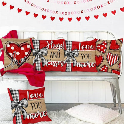 GEEORY Valentine's Day Love You More Hugs and Kisses Throw Pillow Covers 20x20 Inch Set of 4, Red Hearts Stripes Decorative Farmhouse Wedding Cushion Case for Home Decoration G652-20