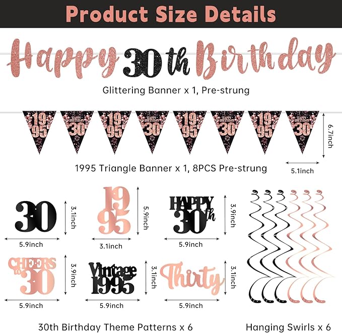 30th Birthday Decorations for Her, Black Rose Gold Happy 30th Birthday Banner Hanging Swirls Vintage 1995 Decorations Kit for Women Cheers to 30 Party Supplies