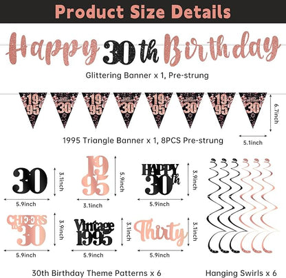 30th Birthday Decorations for Her, Black Rose Gold Happy 30th Birthday Banner Hanging Swirls Vintage 1995 Decorations Kit for Women Cheers to 30 Party Supplies