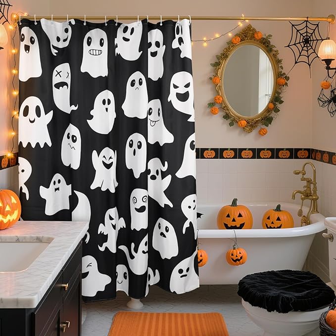 Halloween Shower Curtain, Spooky Cute Ghosts Cartoon Print, Black & White Fabric Bathroom Decor for Boys, Trick or Treat - Includes 12 Hooks and Ghost Decorations, 72x72 Inch