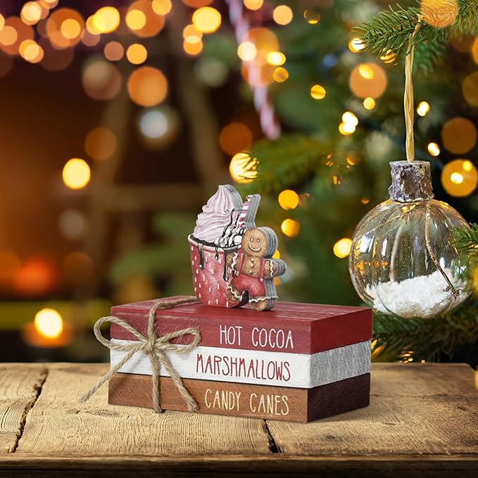Smile Christmas Wooden Books Stack, Hot Cocoa Marshmallows Candy Canes Faux Books Bundle, Cute Gingerbread Man Cupcake Tiered Tray Decorations, for Home Table Mantle Shelf.